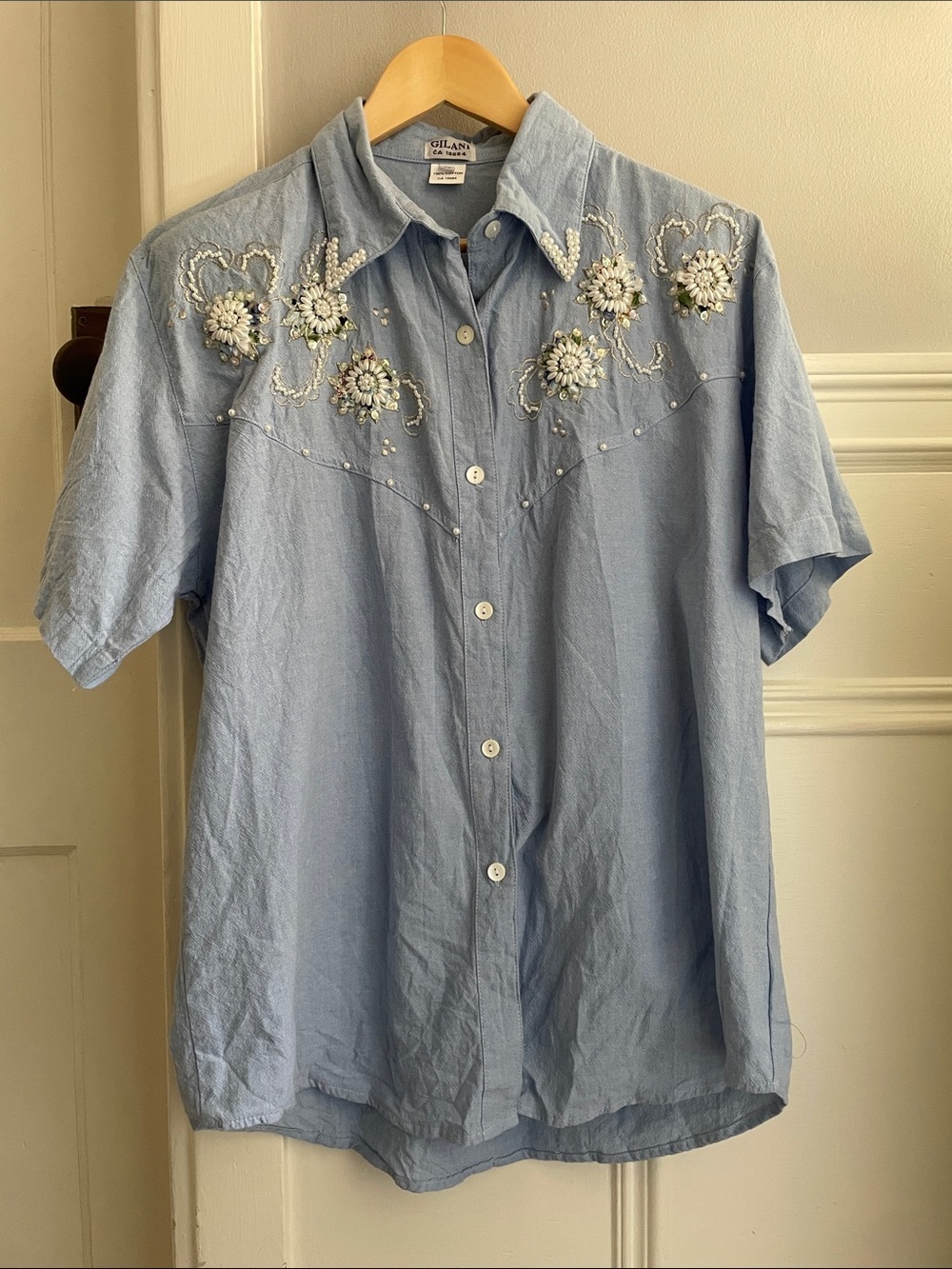 Vintage 80s Country Western embellished chambray button up tee-oversized Medium